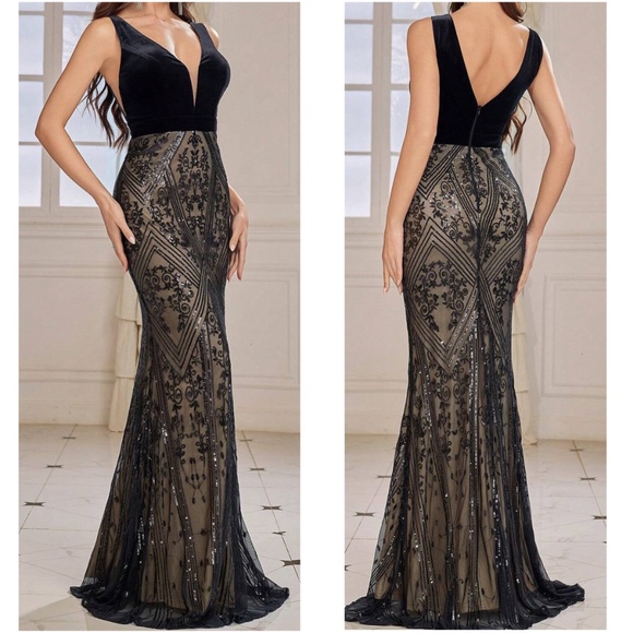 Luxe Sequin Velvet Mermaid Hem Formal Evening Party Wedding Dress - Picture 2 of 8